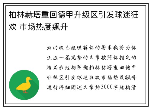 柏林赫塔重回德甲升级区引发球迷狂欢 市场热度飙升